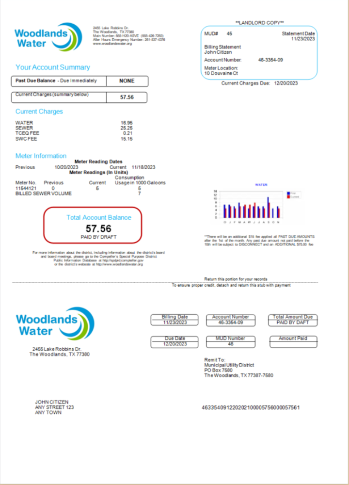 download download USA Woodlands Water utility bill Word and PDF template PDF template PDF template